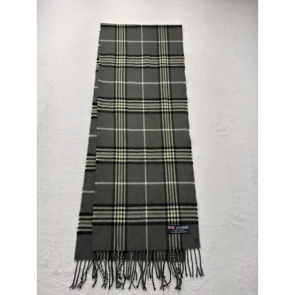 Scarf Mens One Size Gray Plaid 85% Cashmere Blend Fringe Made Scotland